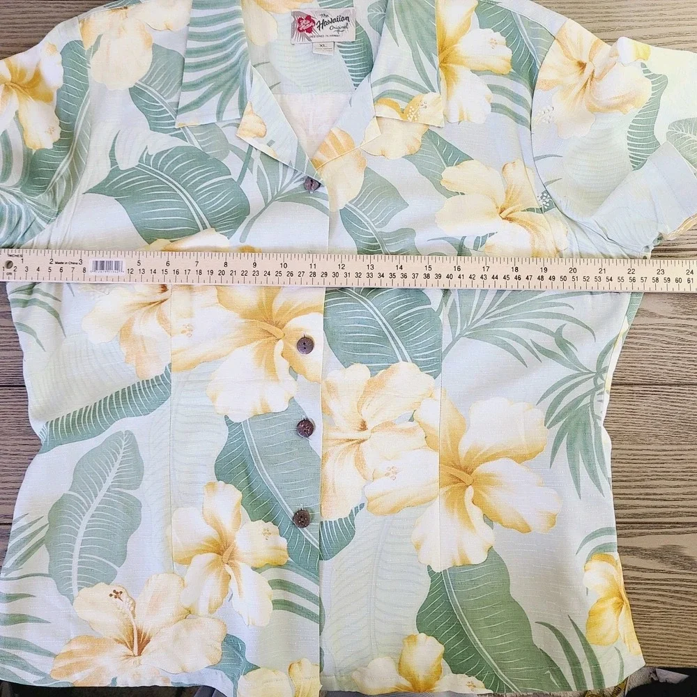 Hilo Hattie Top Skirt Set XL Green Yellow Floral Hawaiian Tropical Button-Front